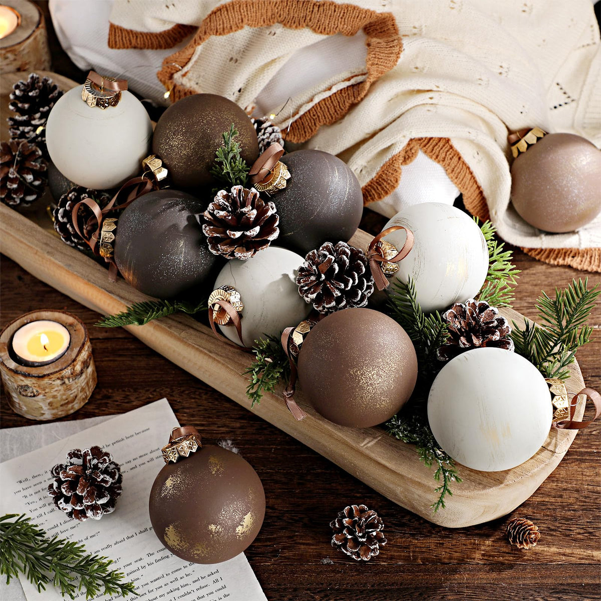 Yunlly front view of 12-piece ornament set showing bronze taupe ivory benefits cohesive decor
