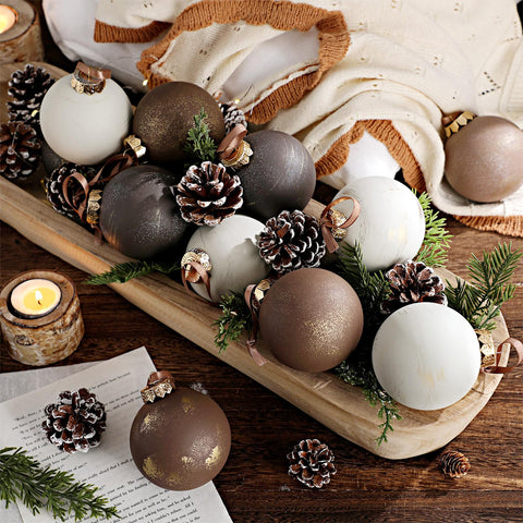 Yunlly front view of 12-piece ornament set showing bronze taupe ivory benefits cohesive decor