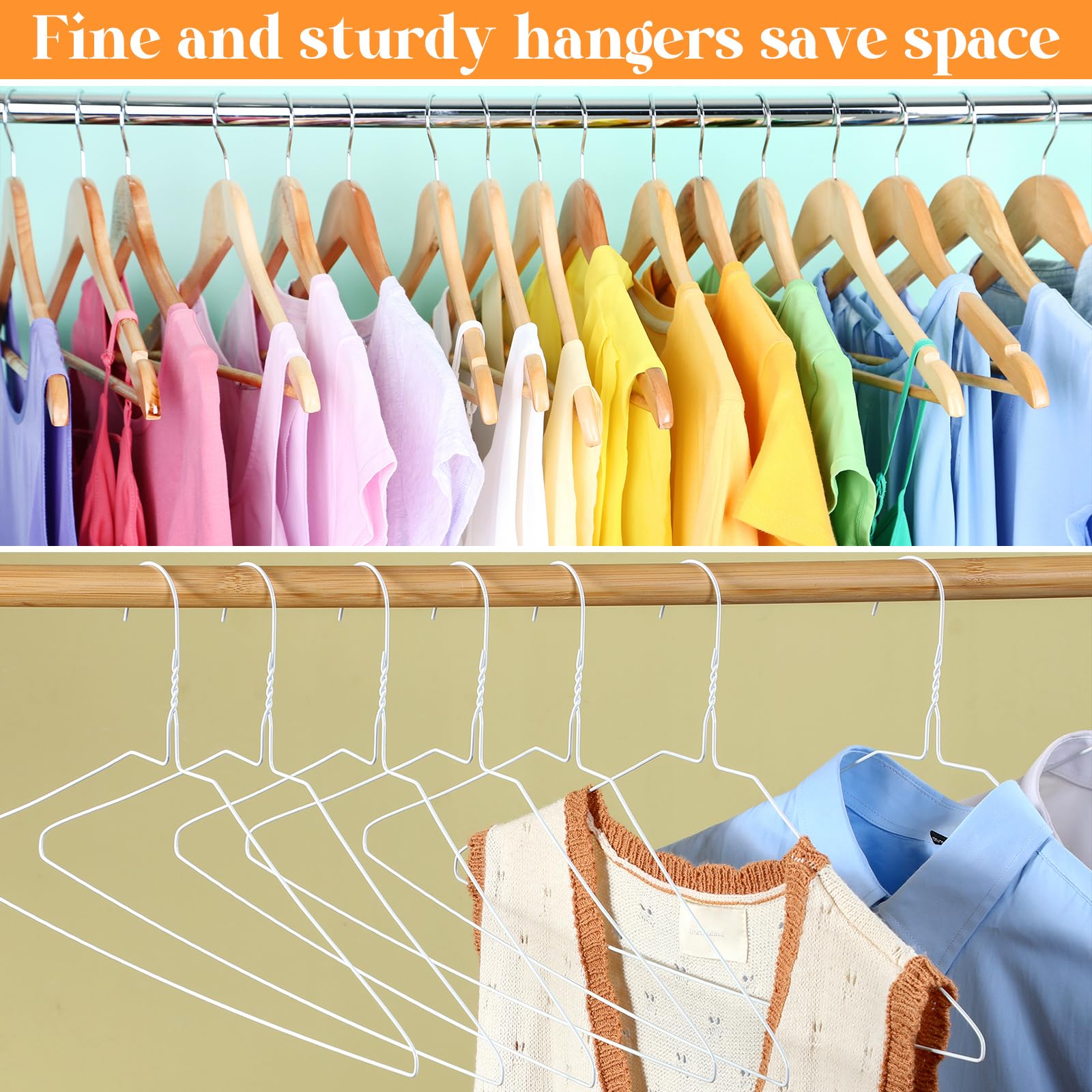 Yuntau hangers lined on closet rod highlighting increased closet capacity