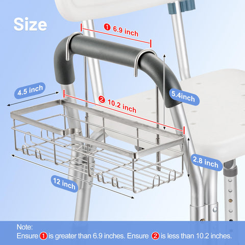 YUOROS caddy mounted on shower chair arm for stable, reachable toiletries