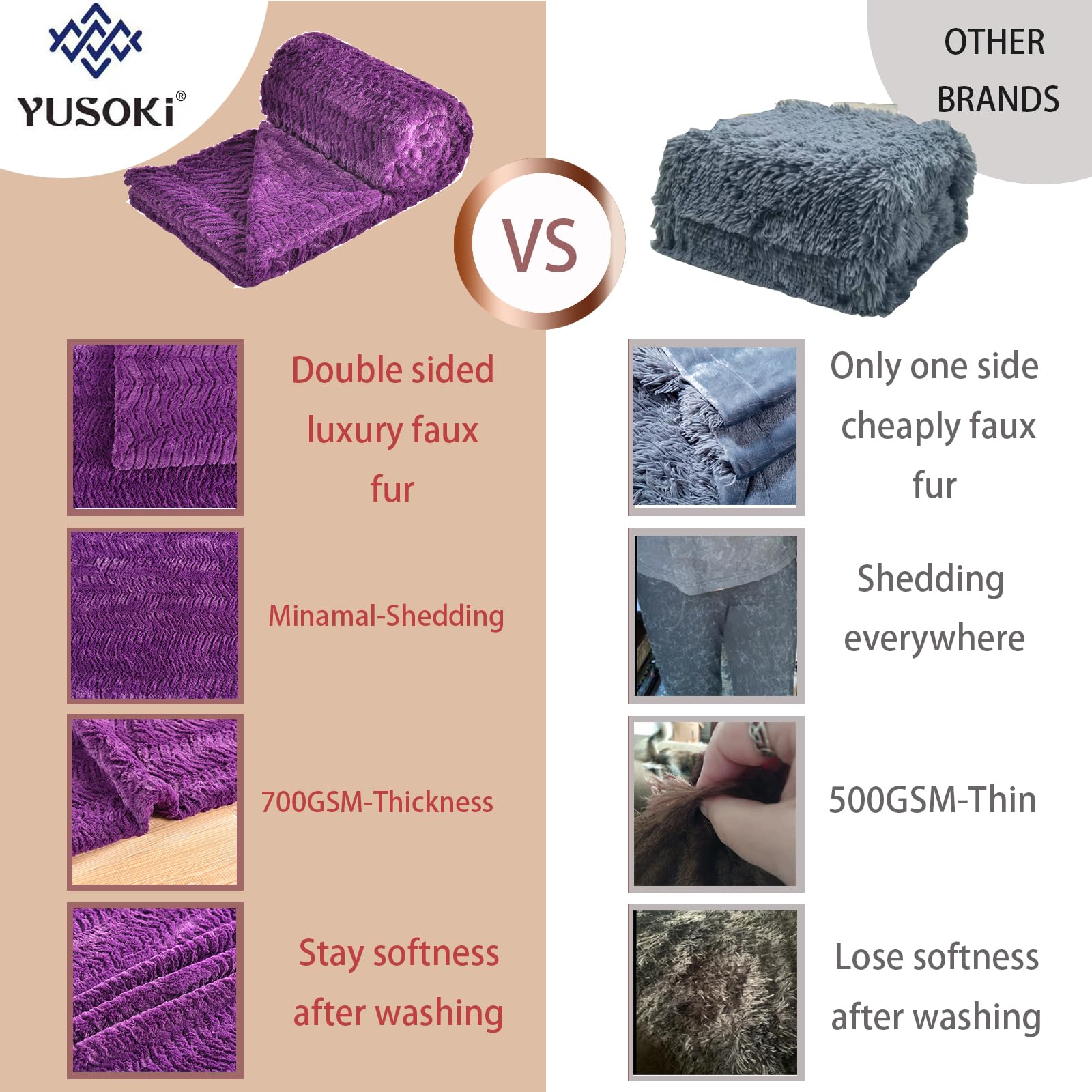 YUSOKI faux fur close-up of dense 700GSM pile highlighting ultra-soft texture and warmth