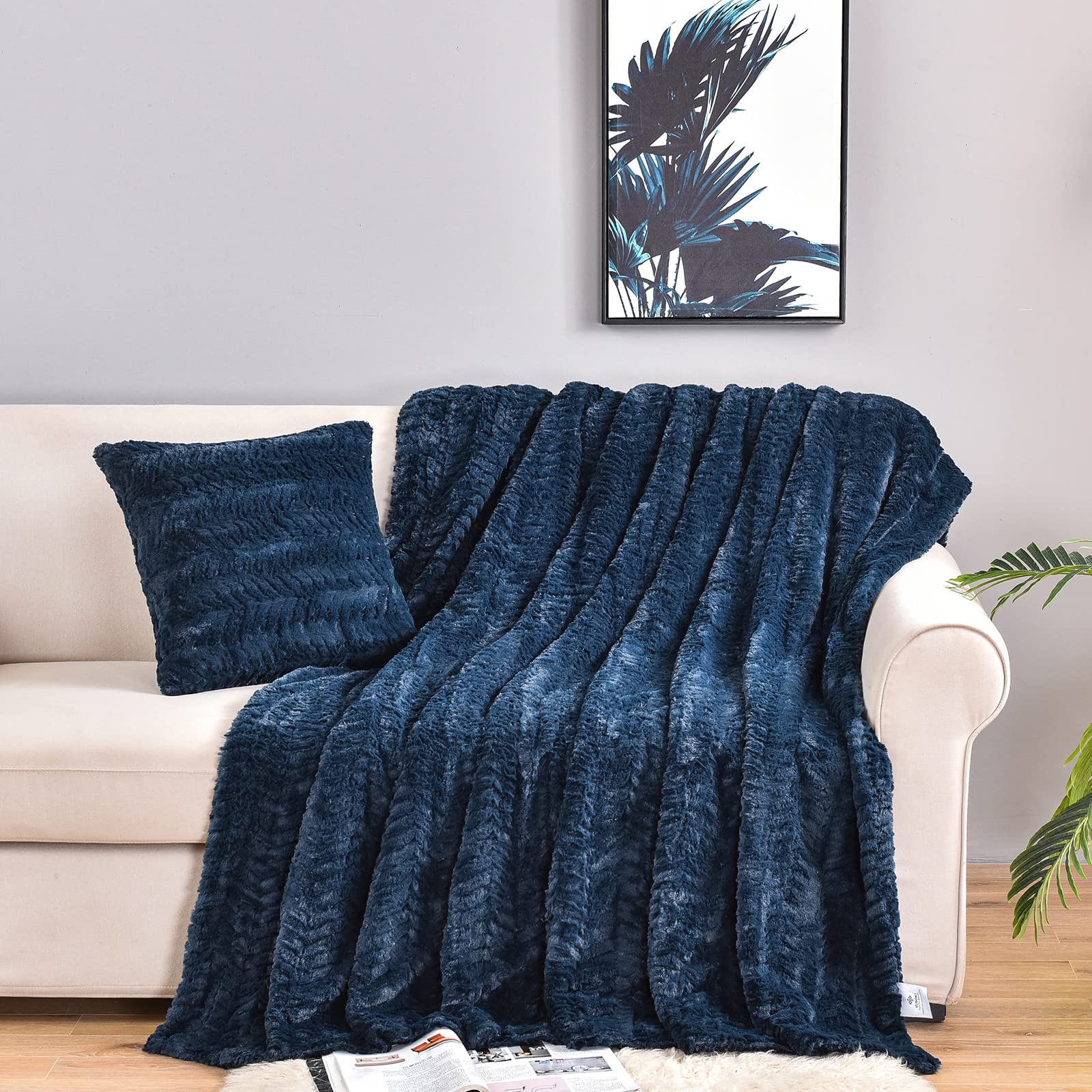 YUSOKI navy blue throw front view showing plush finish and inviting softness