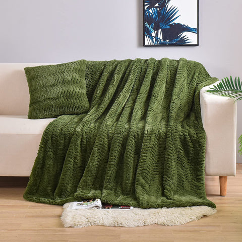YUSOKI olive green throw folded showing plush front and elegant drape, adds cozy style