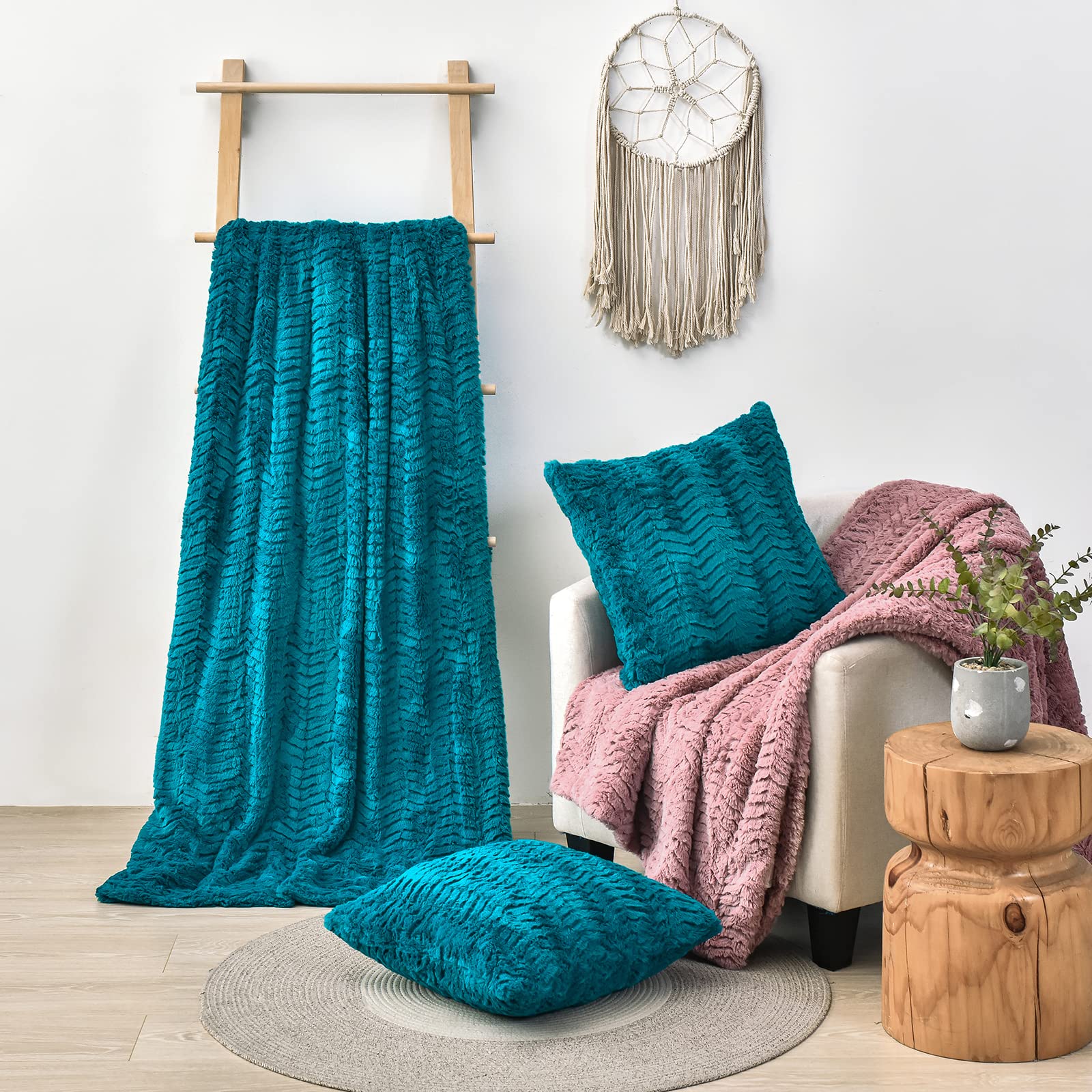 YUSOKI person wrapped in teal throw demonstrating cozy comfort