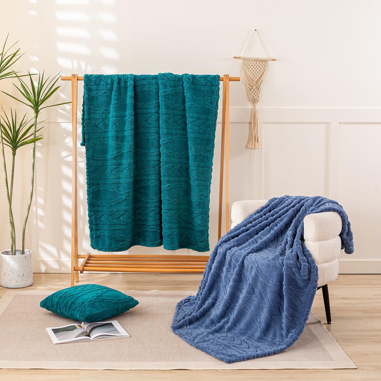 YUSOKI folded throw stacked to show thickness and portability benefit