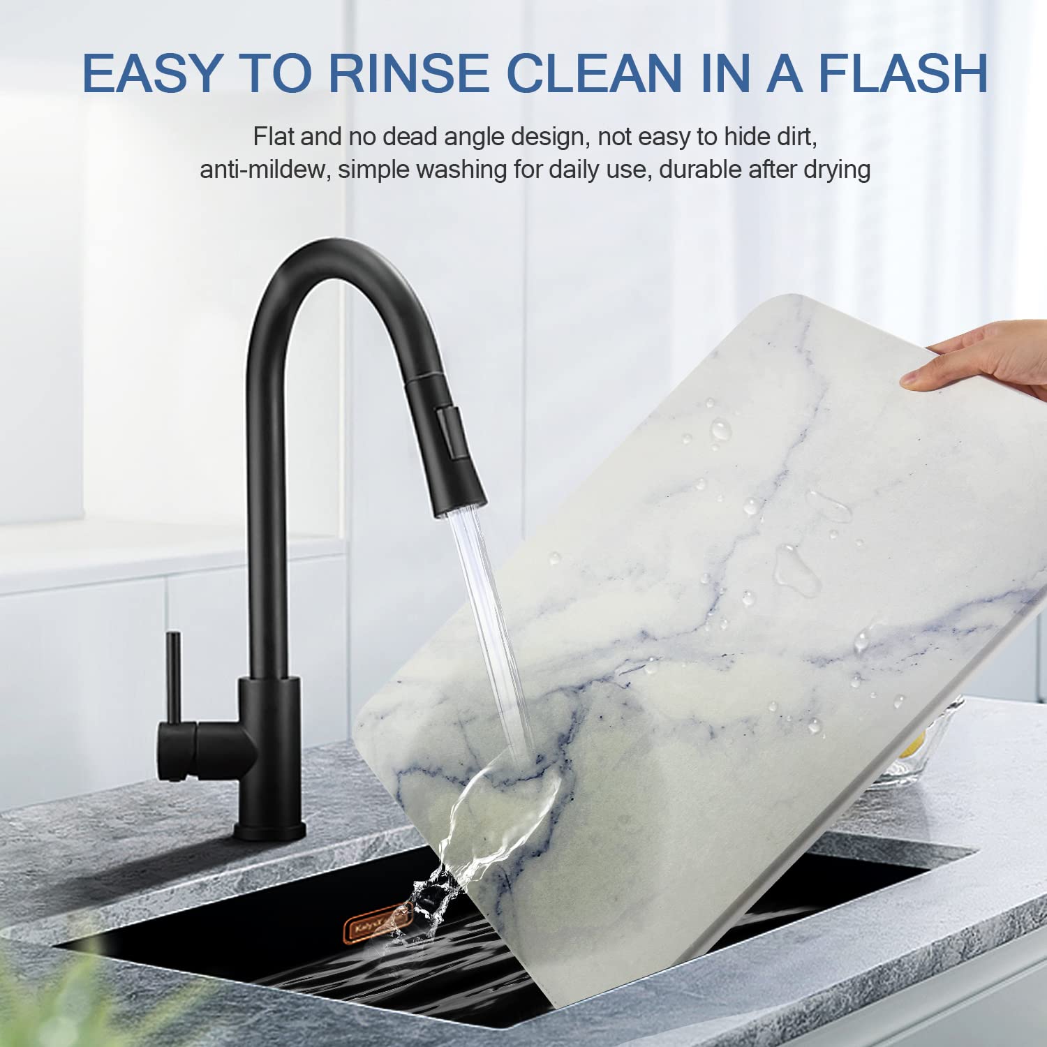 YUXSM mat next to hand and cup showing 12x16 inch scale for small kitchen spaces