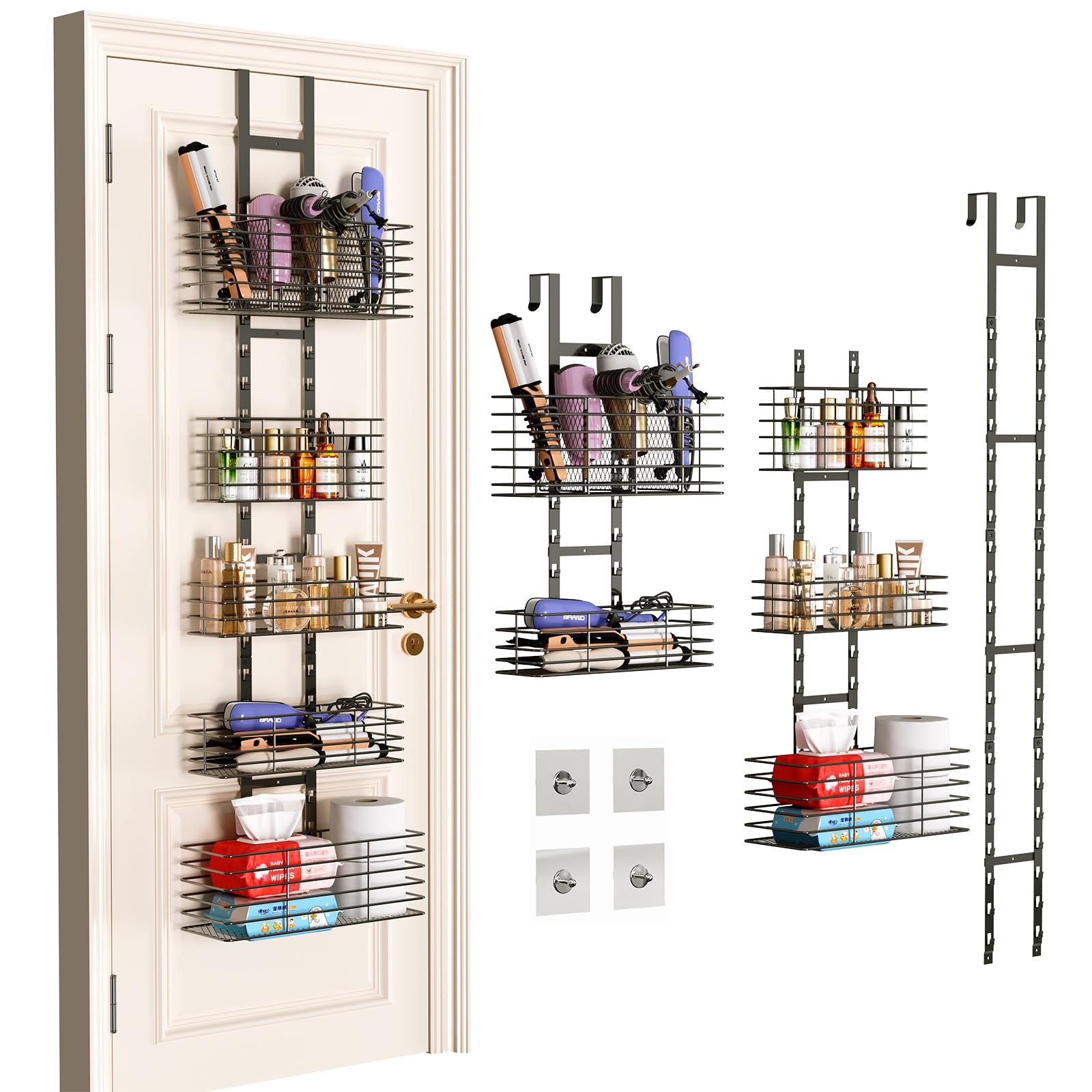 Yuyetuyo front view over-the-door organizer showing five baskets and hooks for space-saving
