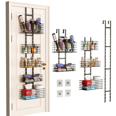 Yuyetuyo front view over-the-door organizer showing five baskets and hooks for space-saving