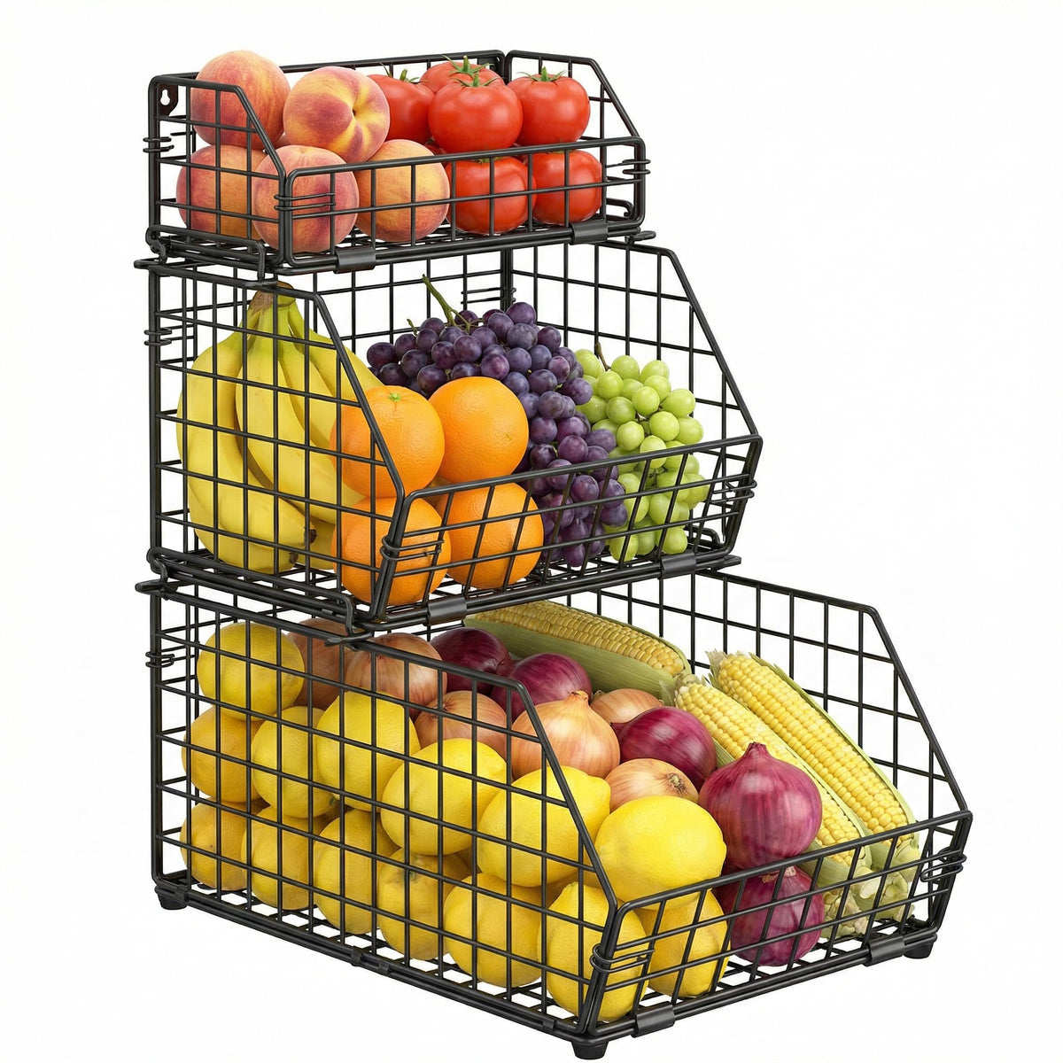 Yuzehuaza front view of three-tier basket showing organized produce and clear layout