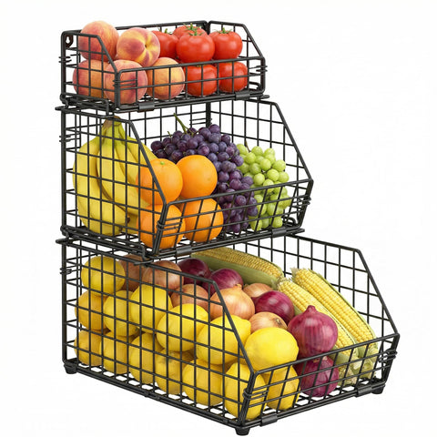 Yuzehuaza front view of three-tier basket showing organized produce and clear layout