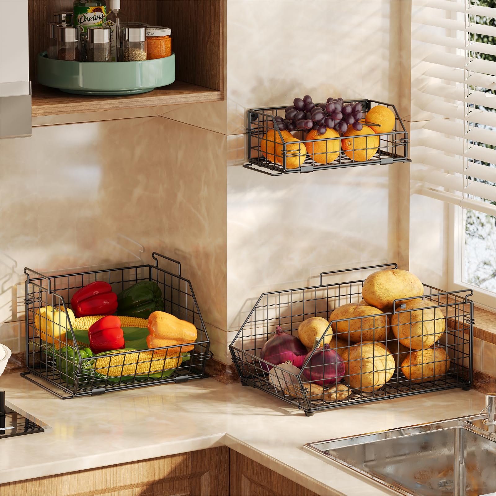 Yuzehuaza stacked baskets on kitchen counter saving space and organizing fruit