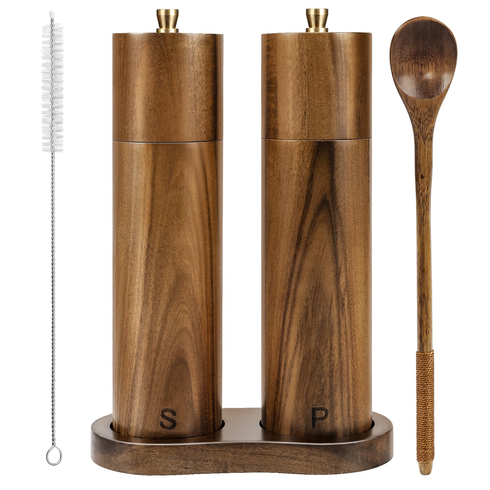 YVAKE front view of acacia wood grinder set showing warm finish and shape benefits