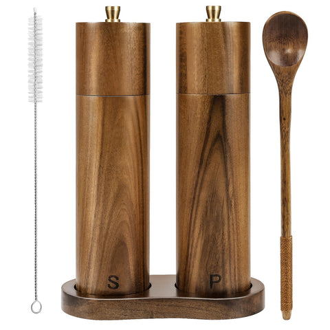 YVAKE front view of acacia wood grinder set showing warm finish and shape benefits