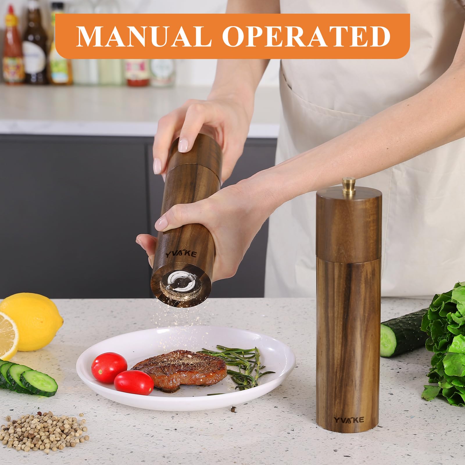 YVAKE grinder beside teaspoon for size comparison and portion control benefit