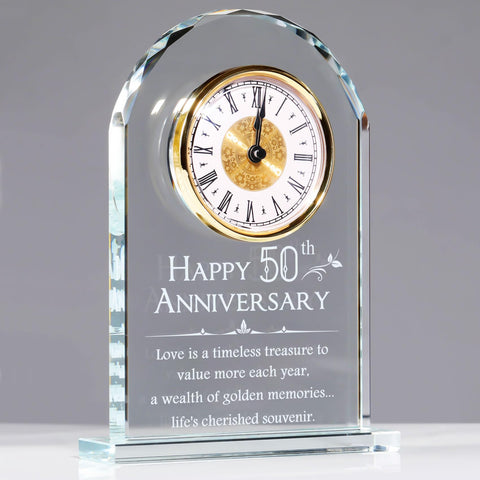 YWHL front view of golden 50th anniversary clock showing elegant display