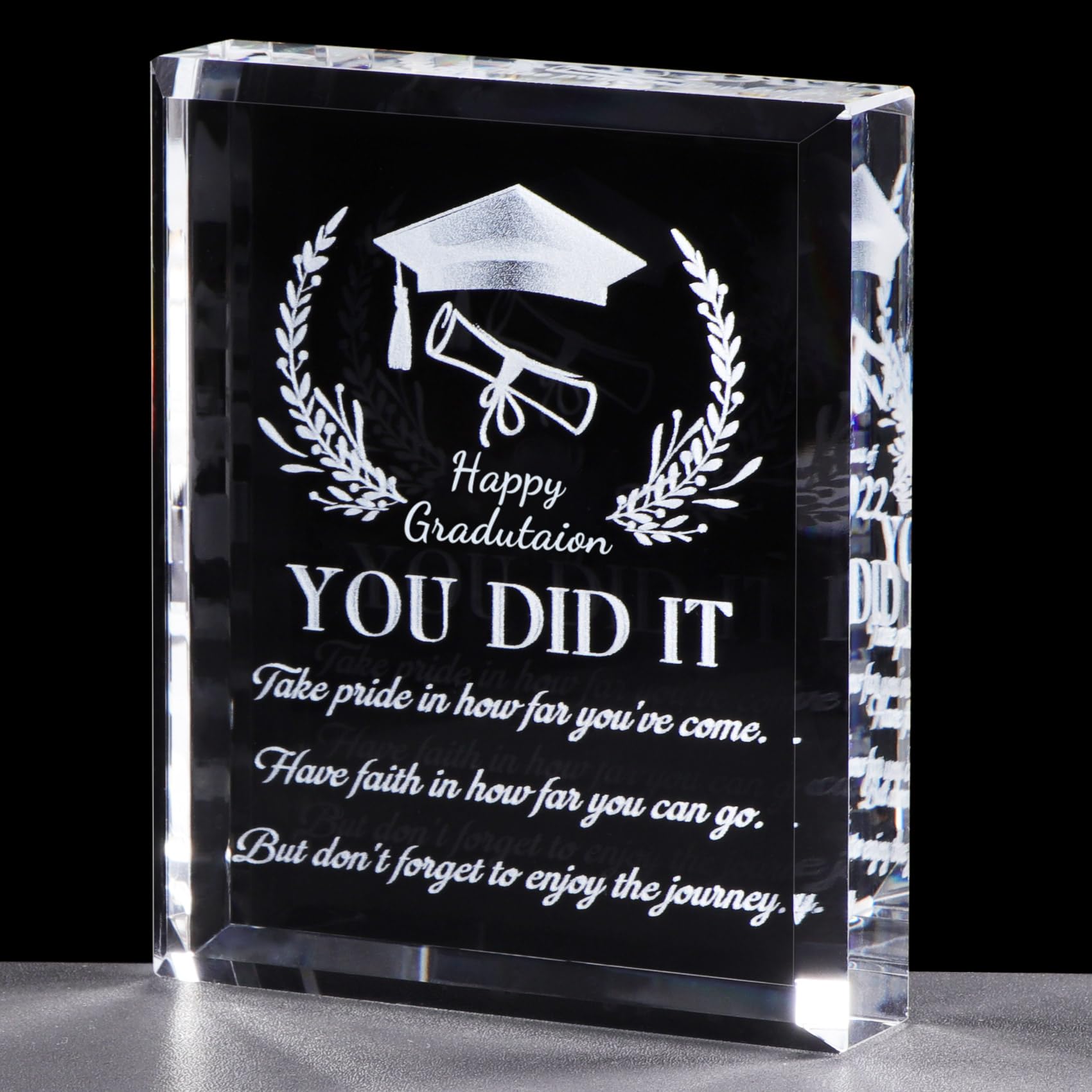 YWHL crystal front view showing engraved message and elegant shine