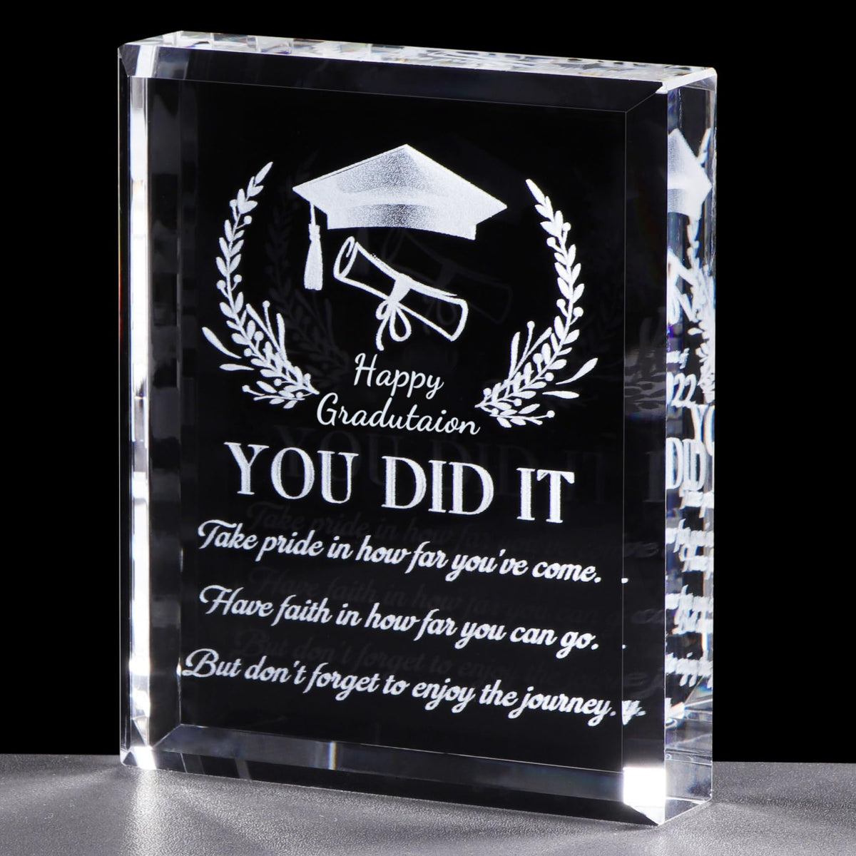 YWHL crystal front view showing engraved message and elegant shine