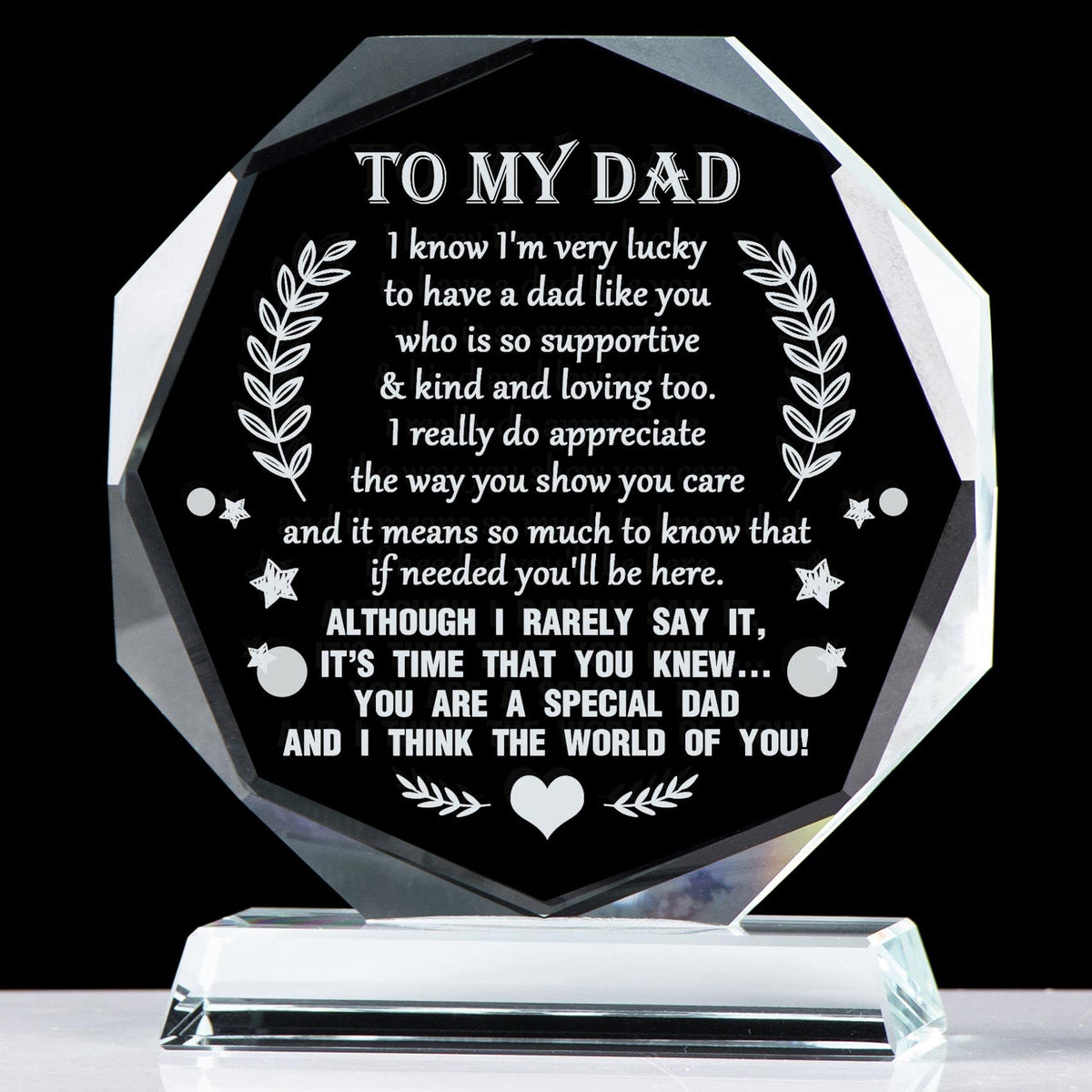 YWHL glass plaque front view showing engraved message and clear finish