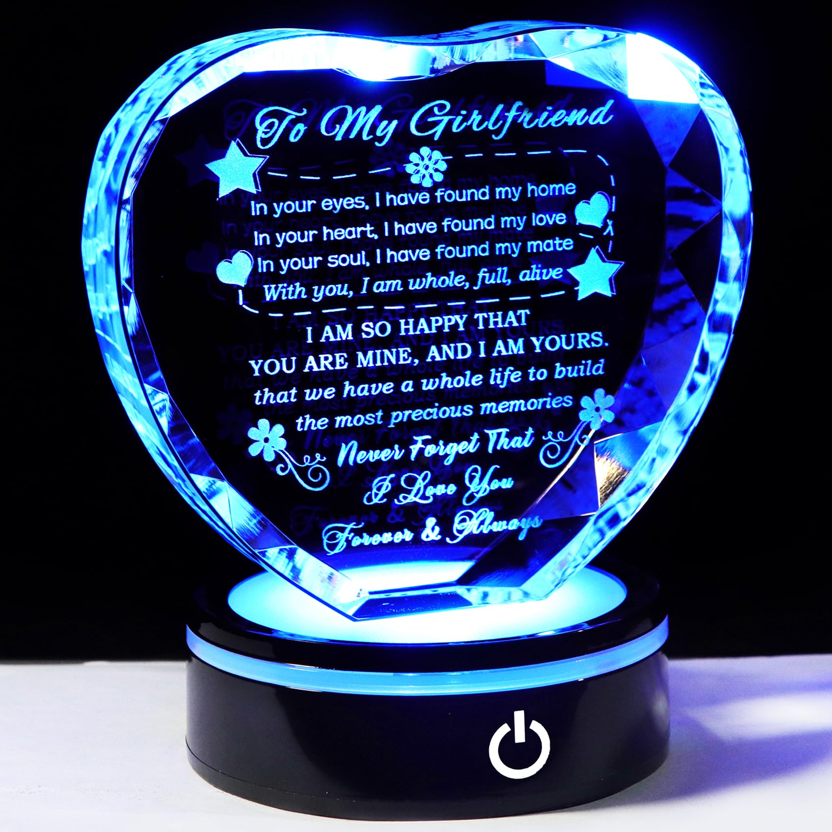 YWHL heart front view showing polished K9 crystal and reflective shine