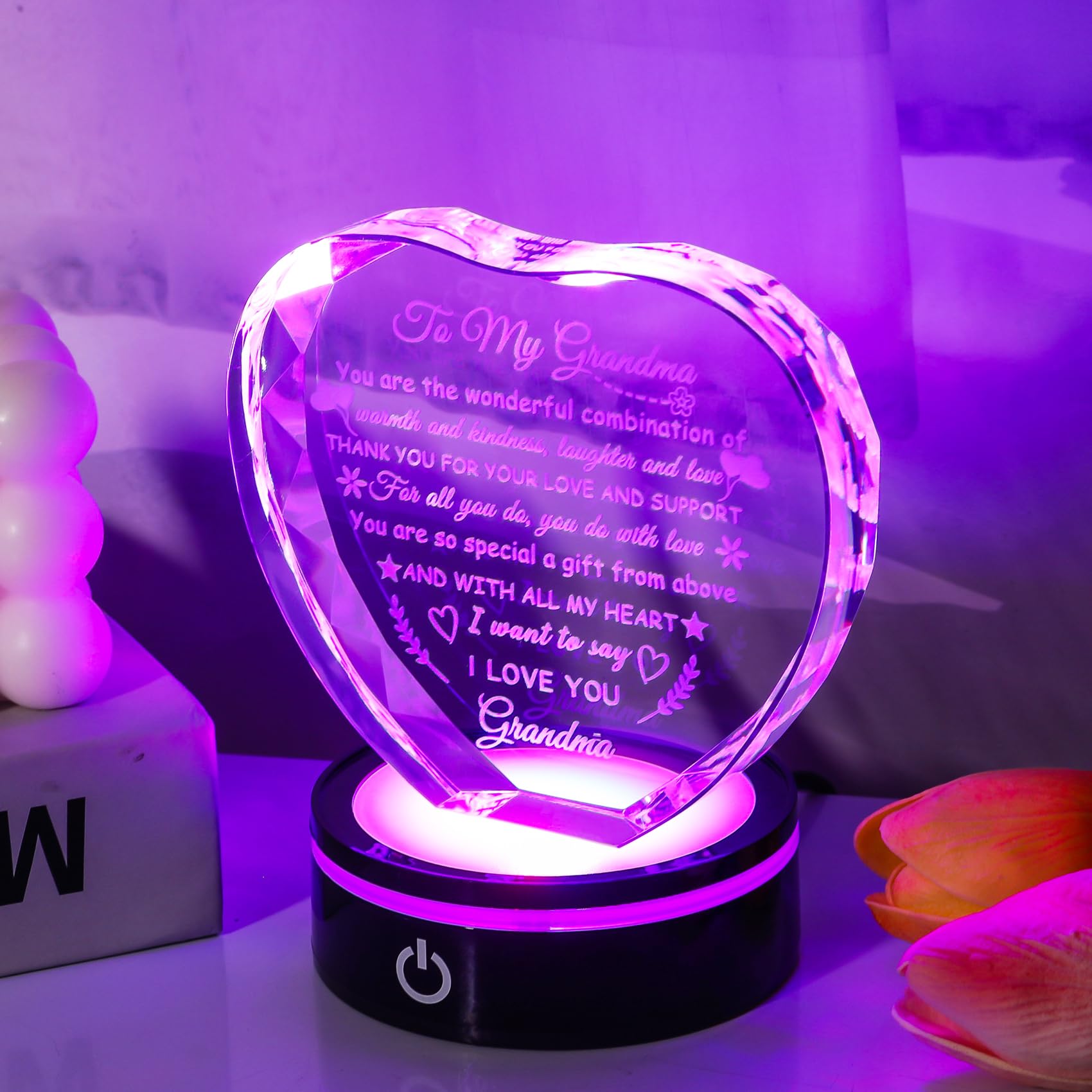 YWHL heart crystal on bedside table providing gentle night light