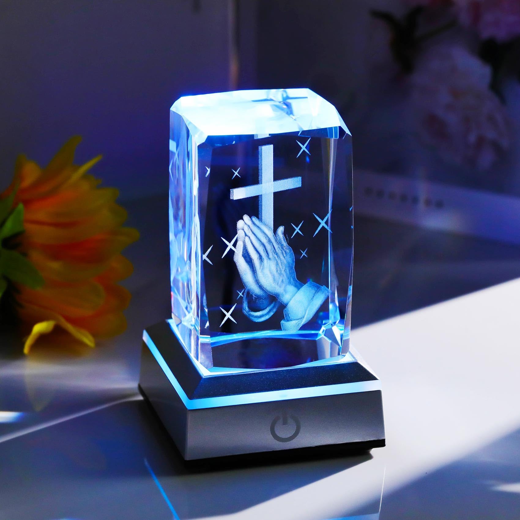 YWHL LED base lit in dark enhancing cross detail and ambient glow benefit