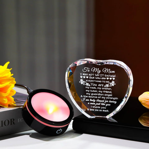 YWHL crystal heart displayed on a shelf, elevates room decor with glow