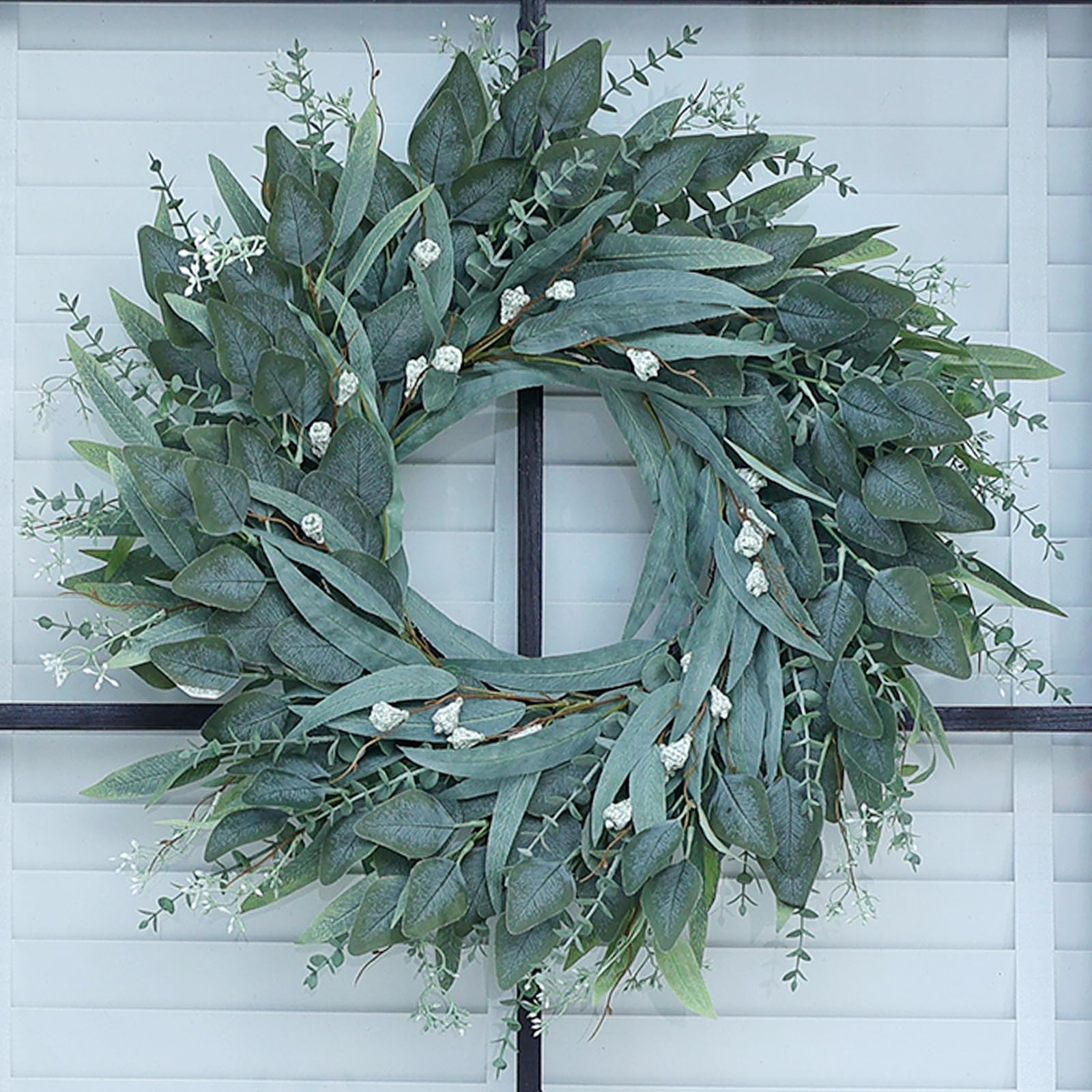 YXZZWL wreath front view showing full greenery and welcome appeal