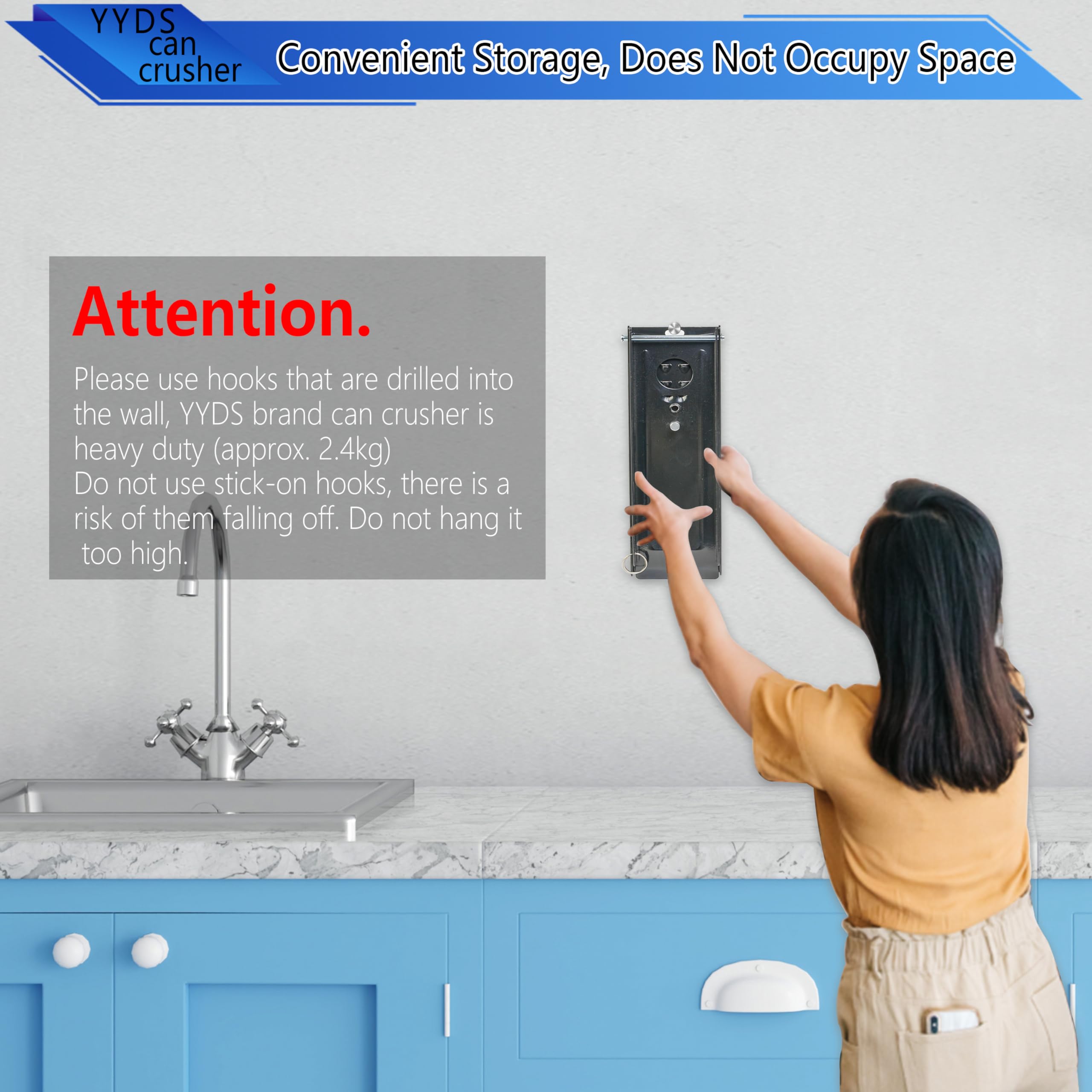 YYDS mounted on wall using built-in holes for tidy, out-of-the-way storage