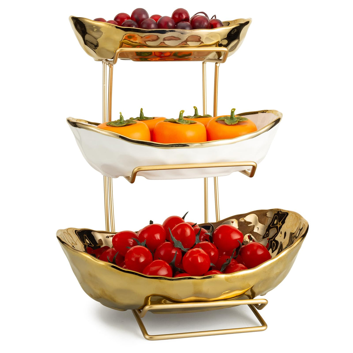 YYW front view of white gold fruit bowl shows elegant organization benefit