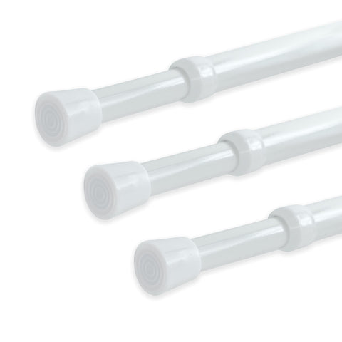 YYWL&HP front view of three white tension rods showing compact packaging and convenience