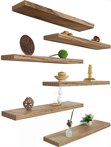 YYWUOJJ front view of four light walnut floating shelves, adds warm wall storage