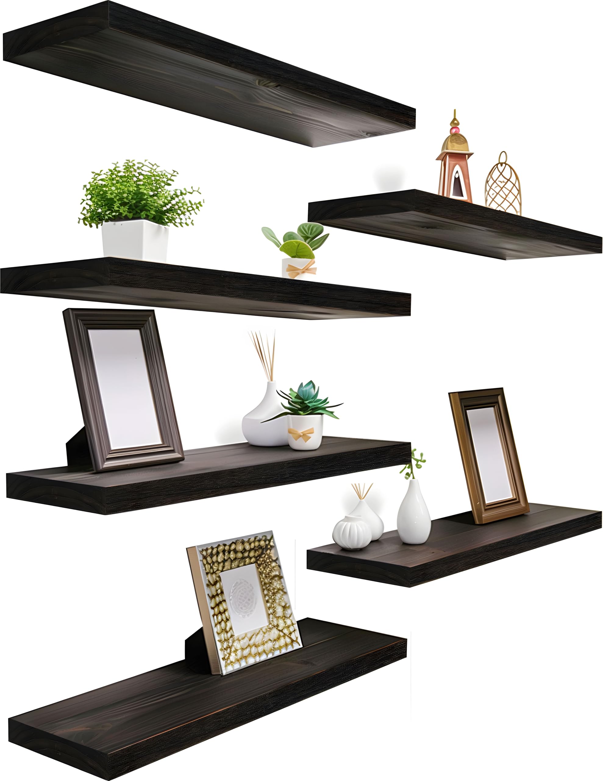 YYWUOJJ front view of four walnut floating shelves, shows organized storage benefit