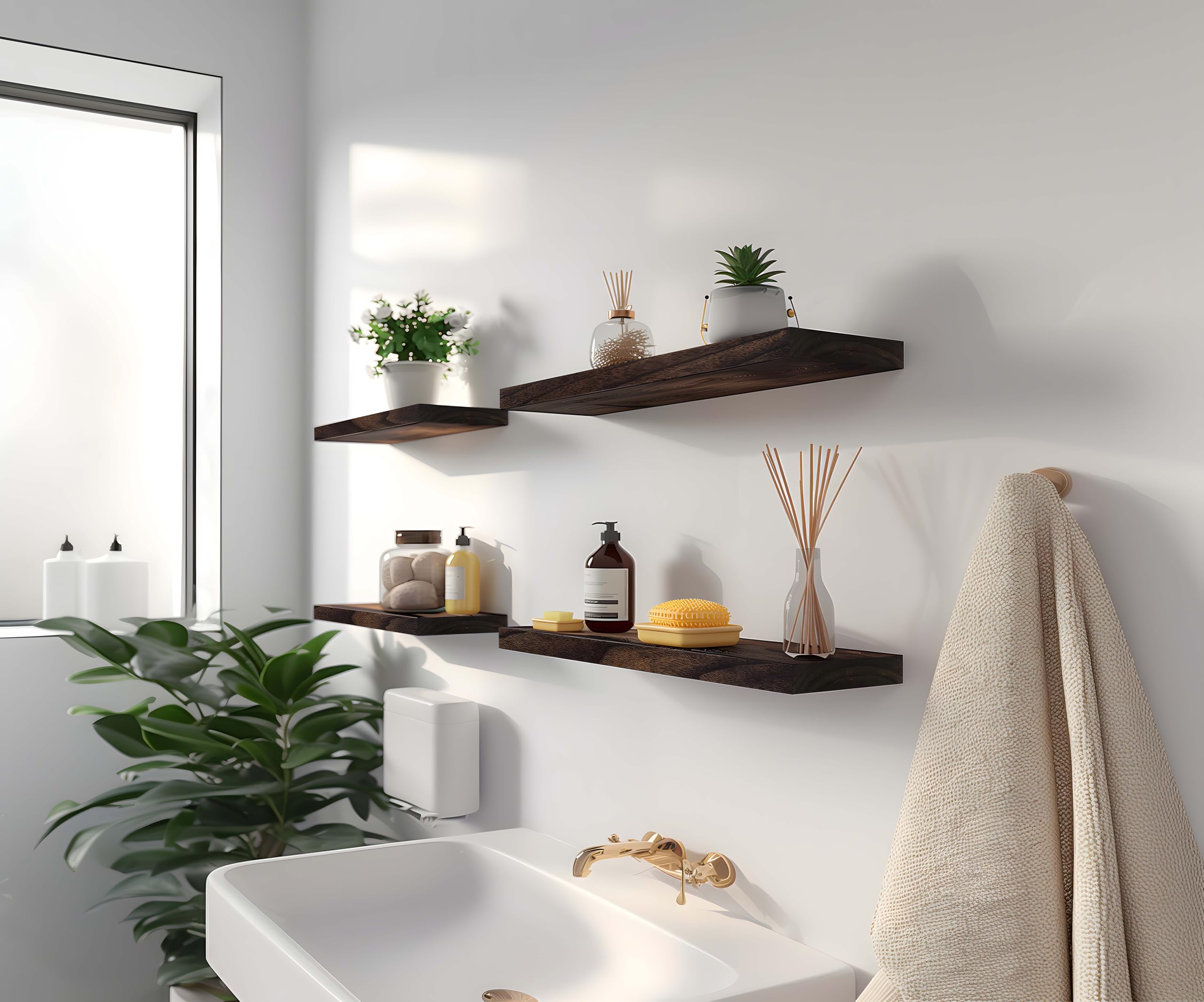 YYWUOJJ walnut shelves mounted in living room, demonstrates tidy display and space saving
