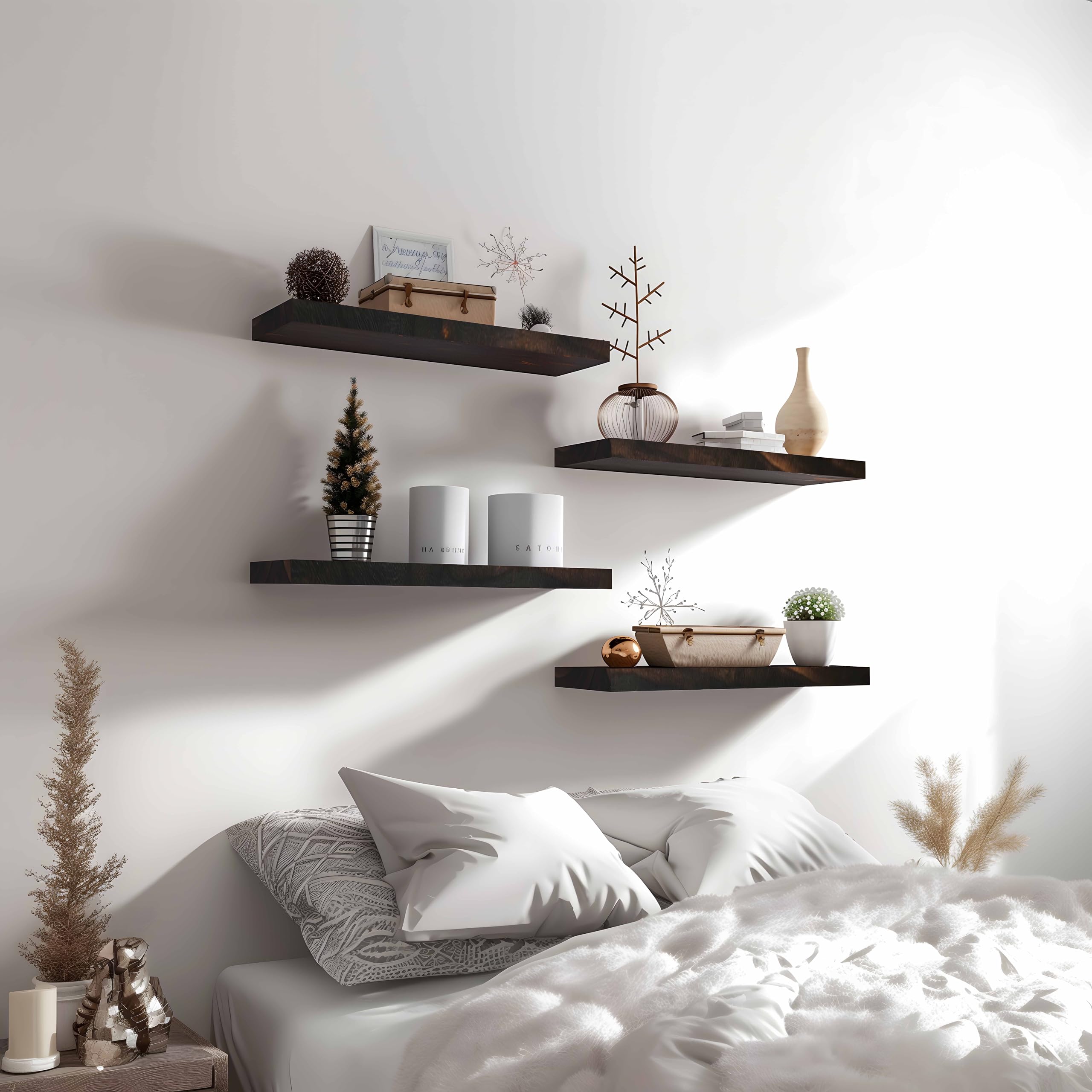 YYWUOJJ shelf with book and plant for scale, shows compact depth and practical capacity