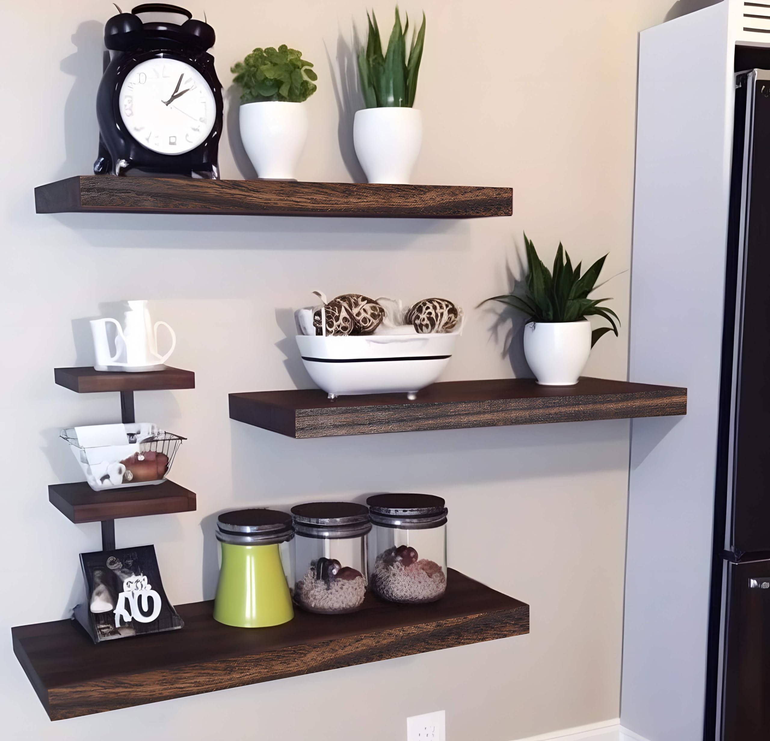 YYWUOJJ three-shelf gallery display stacked on wall, shows decorative arrangement advantage