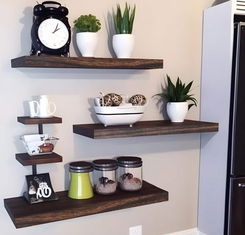 YYWUOJJ three-shelf gallery display stacked on wall, shows decorative arrangement advantage