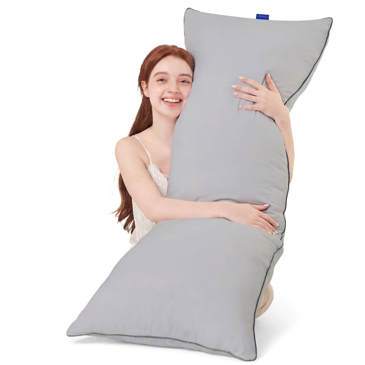 YZ HOME front view full body pillow showing shape and grey cover for full support