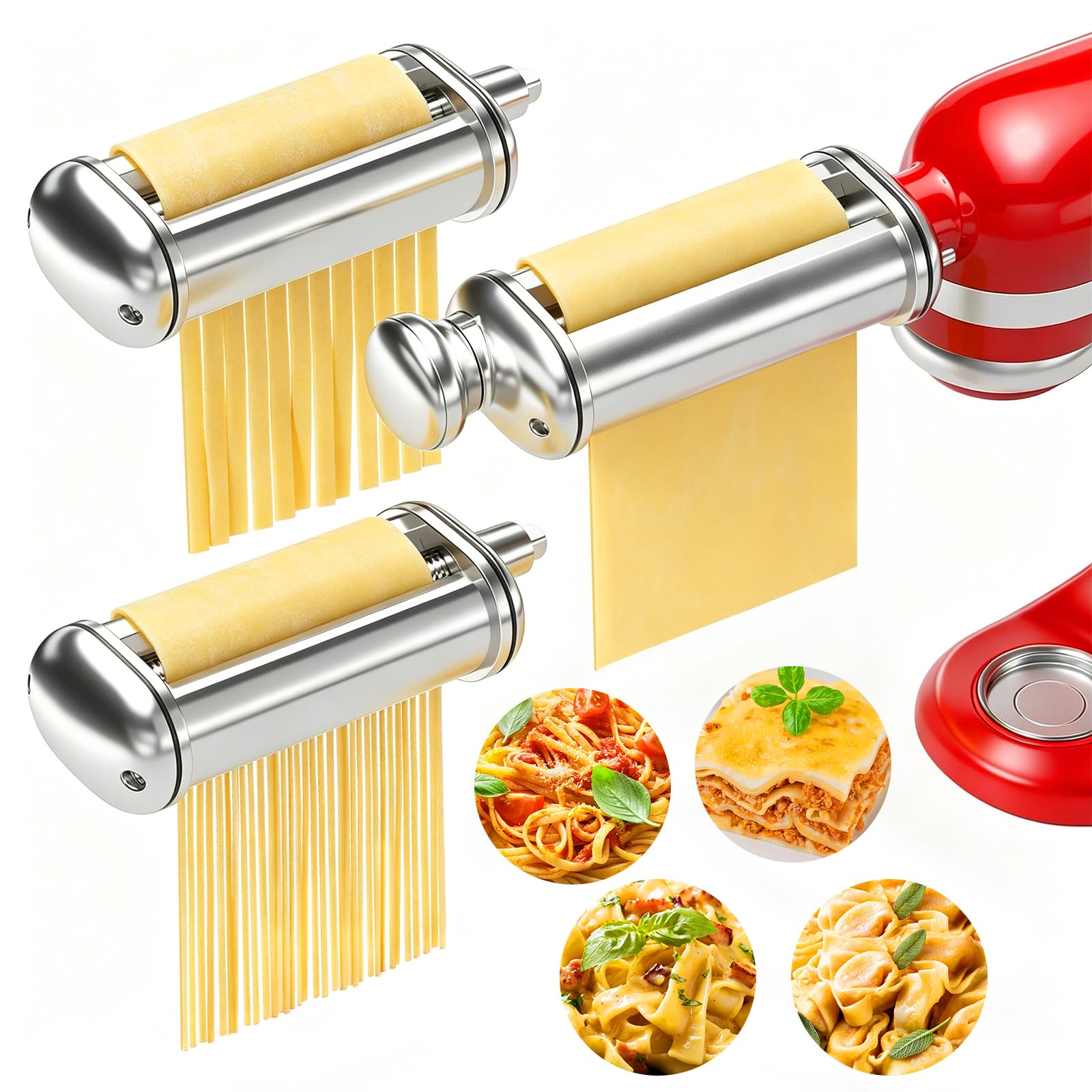 ZACME front view of three-piece pasta attachment set showing all components and durability benefit
