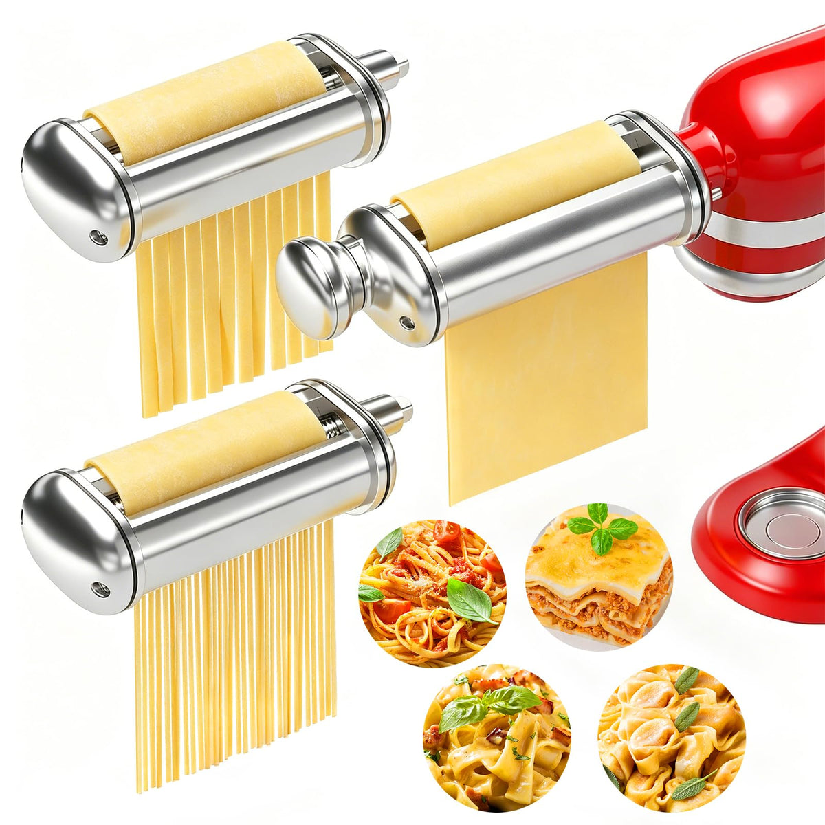 ZACME front view of three-piece pasta attachment set showing all components and durability benefit