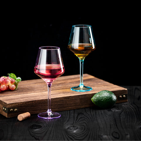 ZAINCA multicolor stem glasses arranged on table showcasing reusable, vibrant set of six