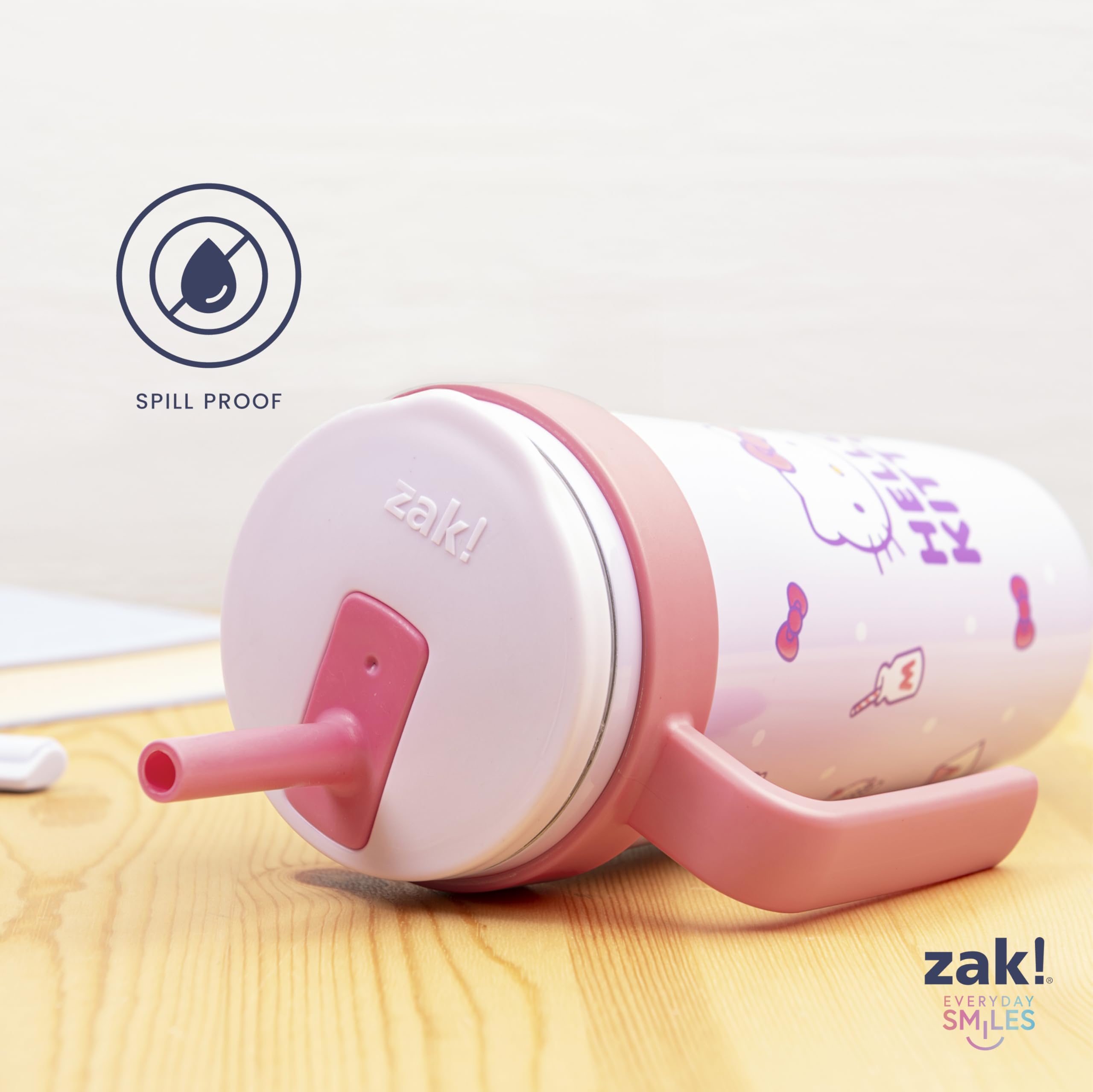 Zak Designs Hello Kitty lid and silicone straw close-up with spill resistance