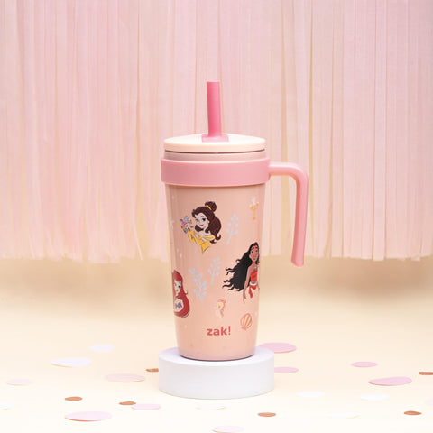 Zak Designs tumbler closeup straw valve showing spill-reducing silicone straw benefit