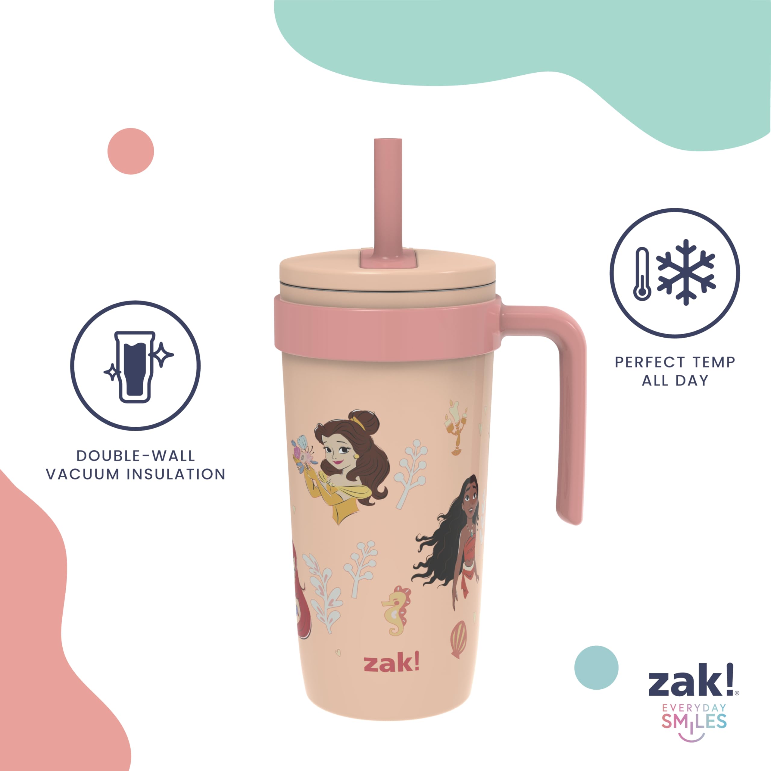 Zak Designs tumbler lid detail showing dishwasher-safe convenience and clean finish