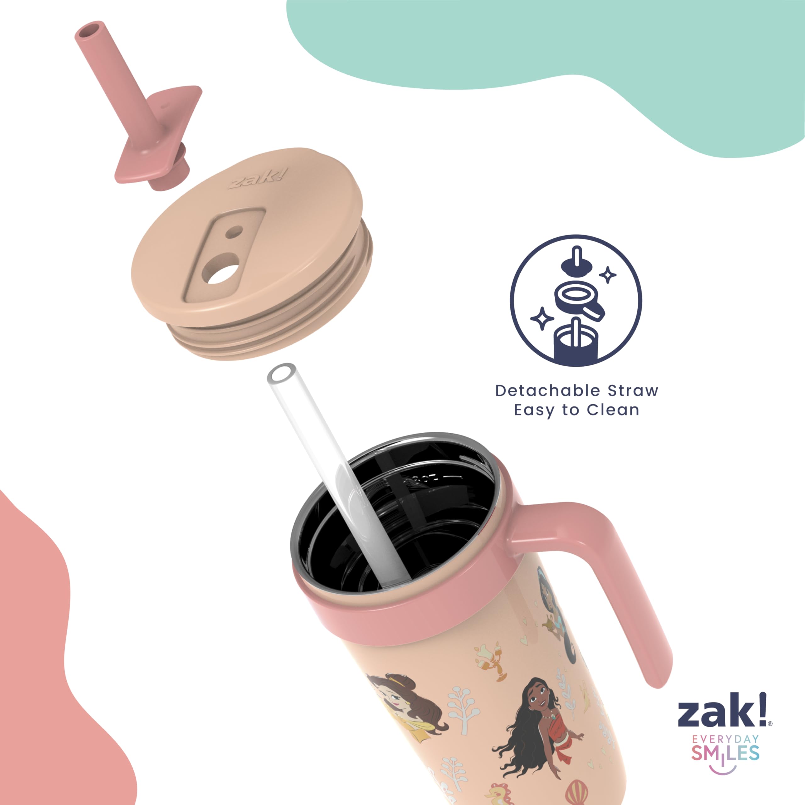Zak Designs tumbler seated in car cup holder showing travel-friendly fit benefit