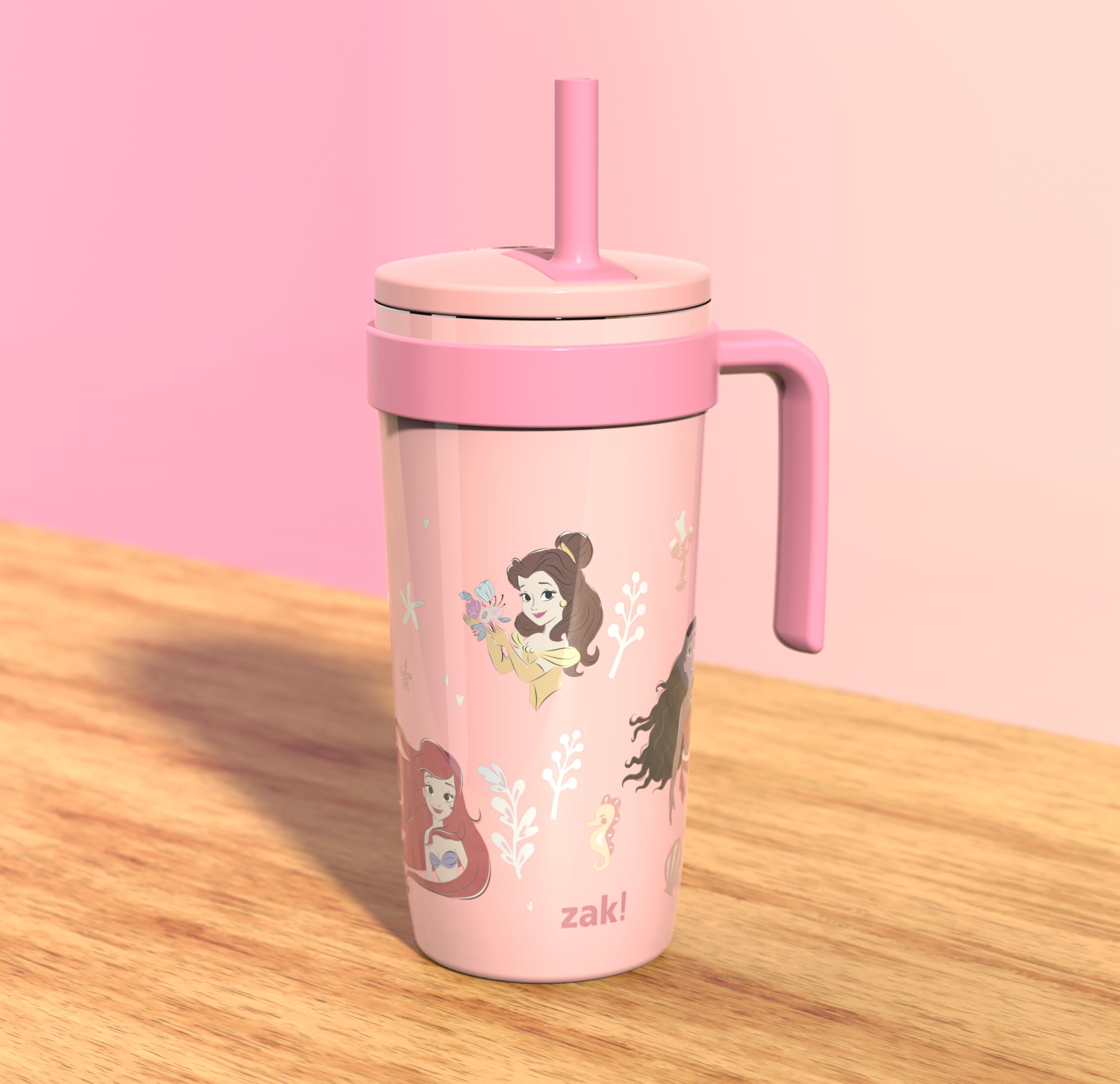 Zak Designs tumbler side handle view demonstrating secure grip for easy carrying