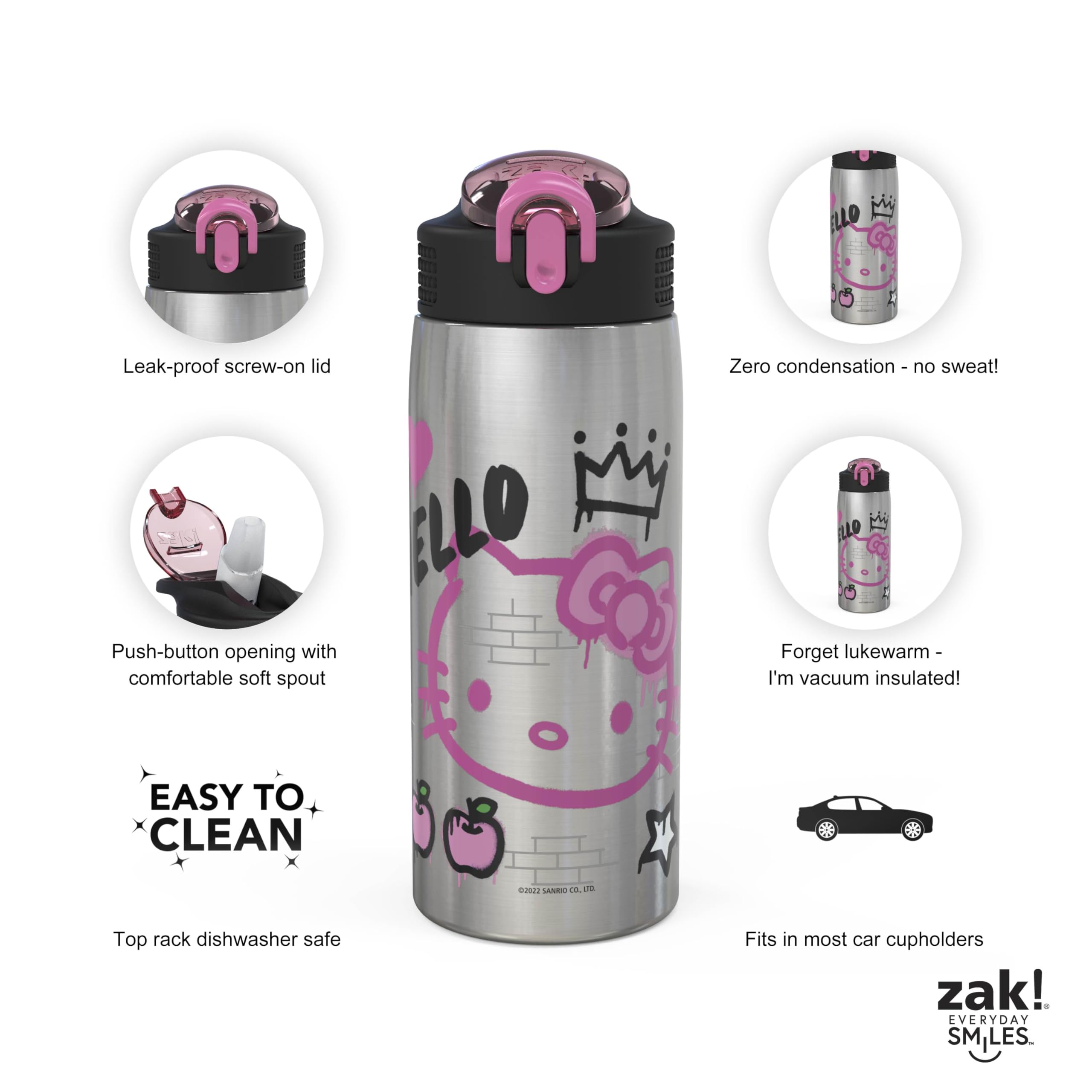Zak Designs locking spout detail showing flip-lock for spill prevention and safety