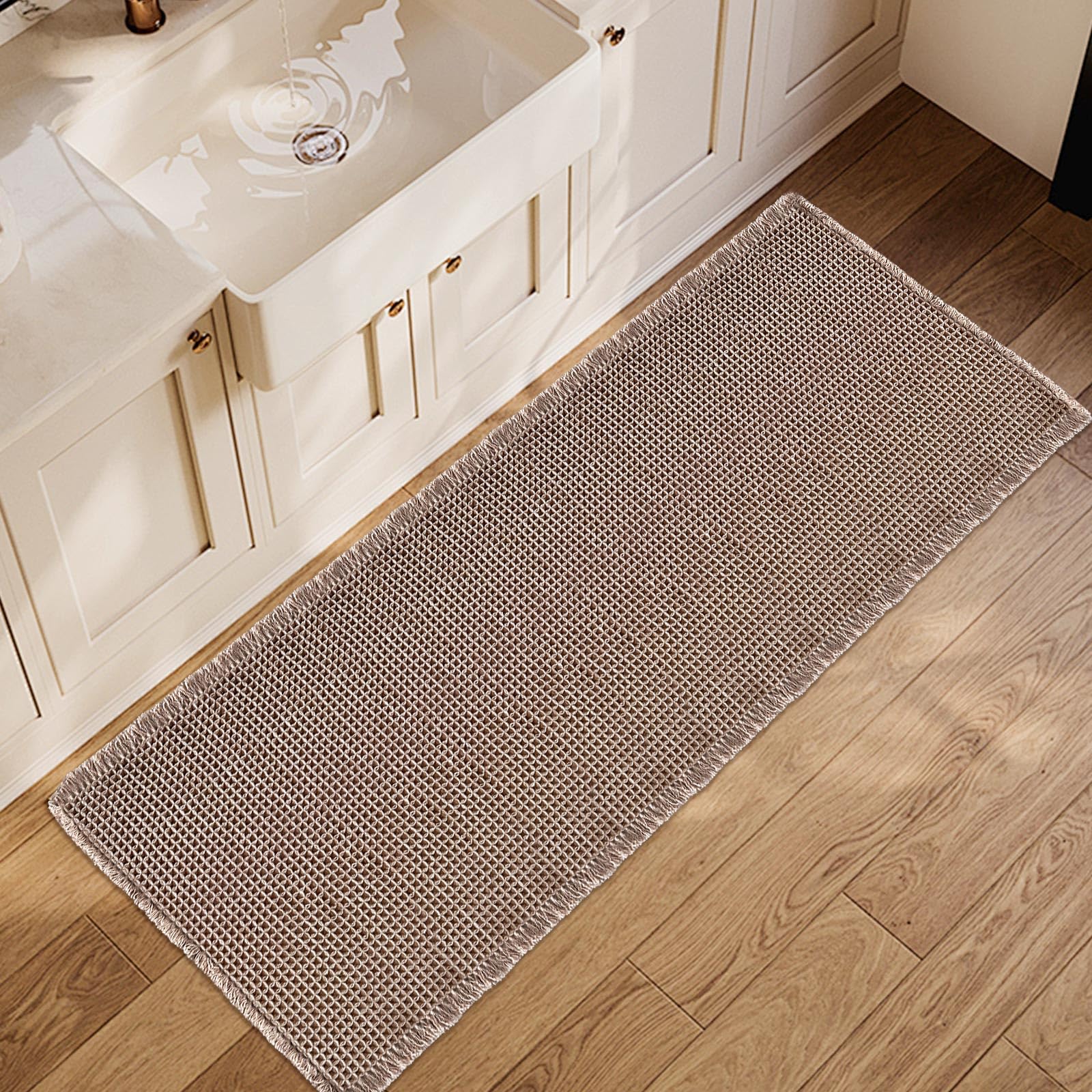 ZALL tan waffle mat front view showing full runner and neat edges, keeps floors dry
