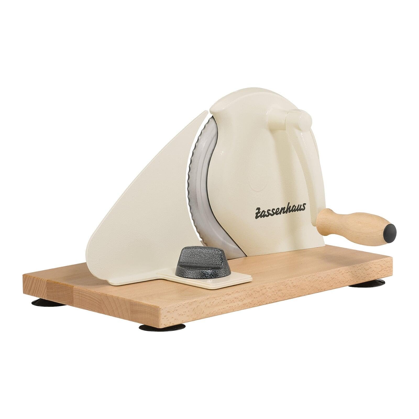 Zassenhaus front view showing cream slicer and stable base—consistent slicing