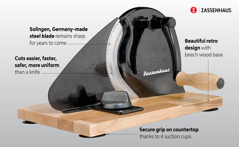 Zassenhaus slicer in use cutting sourdough loaf for uniform home-baked slices