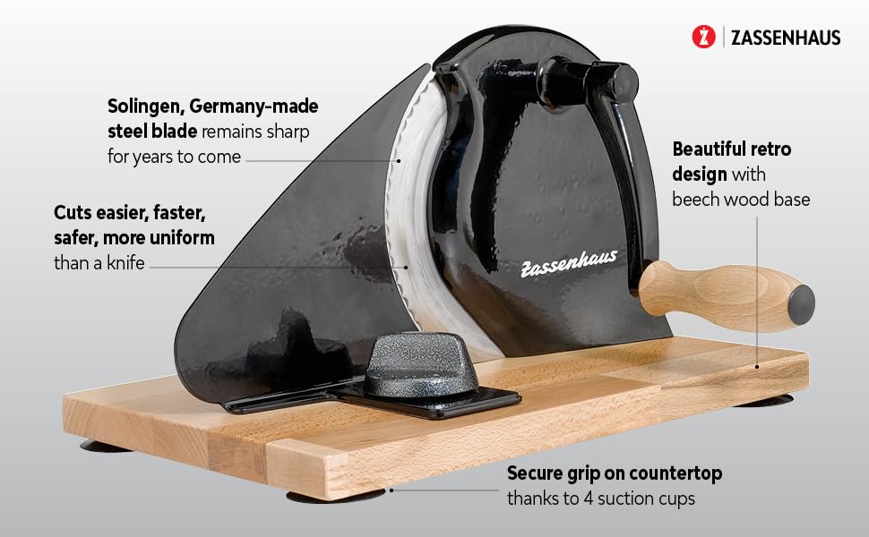 Zassenhaus slicer in use cutting sourdough—uniform slices for serving